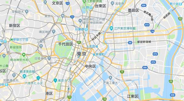 Googleマップの東京都付近の地図