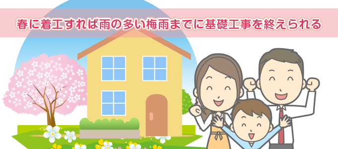 春に着工し、雨の多い梅雨までに基礎工事を終えられるように