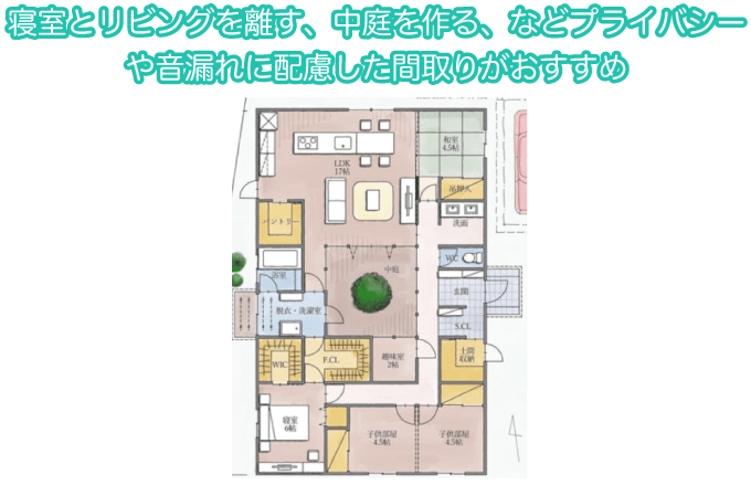 寝室とリビングを離したり、中庭を作ったりとプライバシーを確保する工夫をしましょう