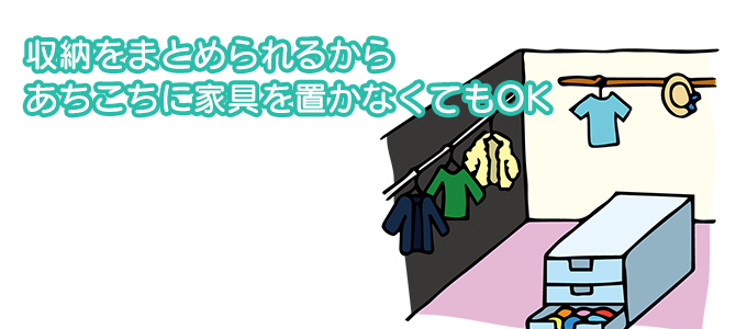 ウォークインクローゼットで収納をまとめられる