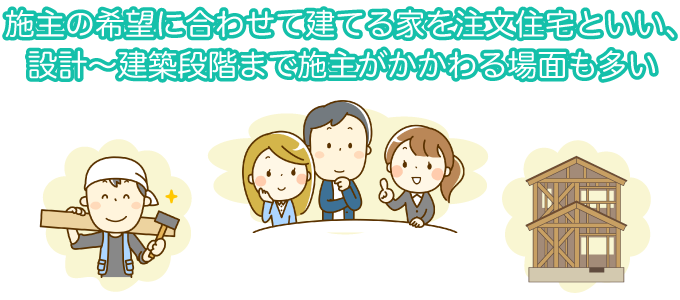 施主の希望に合わせて建てる家を注文住宅といい、設計～建築段階まで施主がかかわる場面も多い
