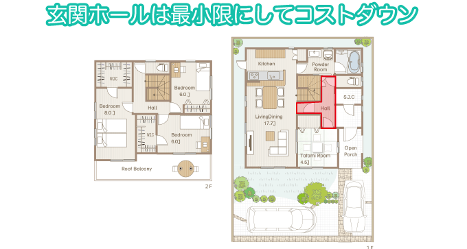 玄関ホールは最小限にしてコストダウン