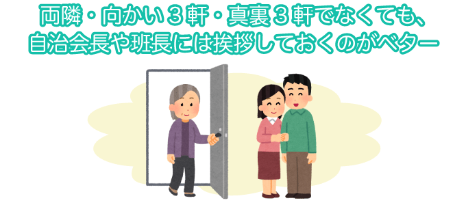 両隣・向かい3軒・真裏3軒でなくても、自治会長や班長には挨拶しておくのがベター