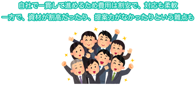 自社で一貫して進めるため費用は割安で、対応も柔軟 一方で、資材が割高だったり、提案力がなかったりという難点も