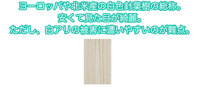 ヨーロッパや北米産の白色針葉樹の総称。安くて見た目が綺麗。ただし、白アリ被害に遭いやすいのが難点。