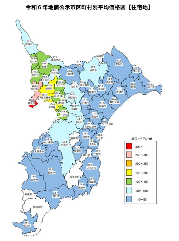 令和6年地価公示市区町村別平均価格図【住宅地】