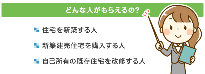 zehの補助金がもらえるのは「住宅を新築する人」「新規建売住宅を購入する人」「自己所有の既存住宅を改修する人」